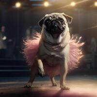 Pug Dod in a light pink ballet skirt is dancing like a ballerina, Illustration photo