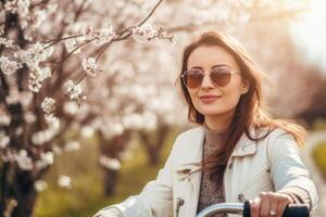 niña paseos bicicleta en sakura parque. ilustración ai generativo foto