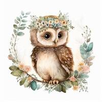 Cute watercolor baby owl. Illustration photo