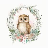 Cute watercolor baby owl. Illustration photo