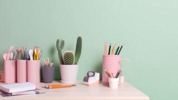 Kids desk creative workspace with school supplies, cactus Illustration photo