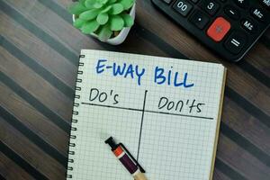 Concept of E-way Bill and Do's and Don'ts write on a book isolated on Wooden Table. photo