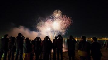 grupo de personas acecho Fuegos artificiales. ilustración ai generativo foto