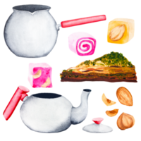 turkiska sötsaker, desserter. vattenfärg illustration av mat, turkar och tekanna. turkiska glädje, baklava och nötter på ett isolerat bakgrund. kan vara Begagnade för din design vykort, affischer, grafik. png