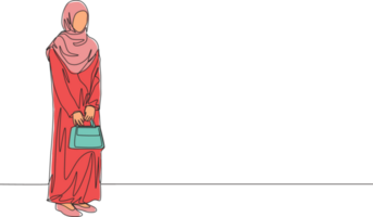 einer kontinuierlich Linie Zeichnung von jung attraktiv muslimah mit traditionell arabisch Stoff halten Tasche. Schönheit asiatisch Frau Modell- im modisch Hijab Mode Konzept. Single Linie zeichnen Design Illustration png