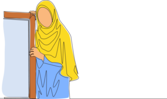 single doorlopend lijn tekening van jong mooi muslimah vervelend hoofd sjaal leunend Aan de muur. mooi Aziatisch vrouw model- in modieus hijab mode concept een lijn trek ontwerp illustratie png