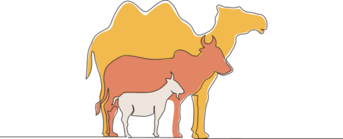 Célibataire continu ligne dessin de chèvre, mouton, buffle, vache et chameau. musulman vacances le sacrifice un animal, eid Al adha salutation carte concept un ligne dessiner conception illustration png