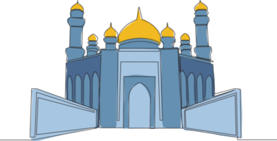 ett enda linje teckning av islamic historisk kupol landmärke masjid eller moskén. helig plats till bön för islam människor begrepp kontinuerlig linje dra design illustration png