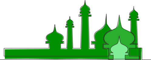 enda kontinuerlig linje teckning av moské, masjid kupol och masjid torn prydnad. eid al fitr mubarak och ramadan kareem hälsning kort begrepp ett linje dra design illustration png