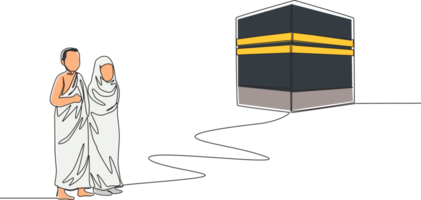 Single kontinuierlich Linie Zeichnung von Muslim und muslimah Pilger gehen zu heilig Platz Kaaba beim Mekka, Saudi Arabien. Muslim Urlaub, eid al adha Gruß Karte Konzept einer Linie zeichnen Design Illustration png