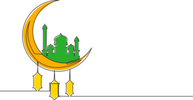 Ramadan kareem groet kaart, poster en banier ontwerp achtergrond. een doorlopend lijn tekening van Islamitisch ornament masjid en lantaarn lamp hangende Aan maan. single lijn trek illustratie png