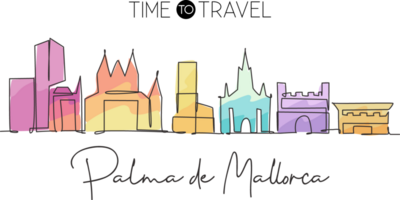 Single continuous line drawing of Palma de Mallorca city skyline. Famous skyscraper landscape postcard. World travel wall decor poster print concept. Modern one line draw design illustration png