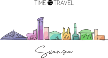 One single line drawing of Swansea city skyline United Kingdom. Historical town landscape in the world. Best holiday destination. Editable stroke trendy continuous line draw design illustration png