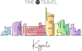 Single continuous line drawing of Kigali city skyline, Rwanda. Famous city scraper and landscape home wall decor poster print art. World travel concept. Modern one line draw design illustration png