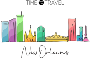 One single line drawing of New Orleans city skyline, Louisiana. Historical town landscape in the world. Best holiday destination. Editable stroke trendy continuous line draw design illustration png
