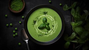 Green peas cream soup. Illustration photo