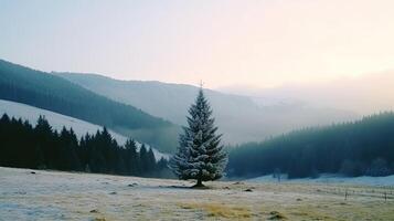 Christmas tree in mountain background. Illustration photo