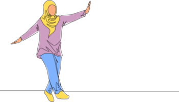 1 contínuo linha desenhando do jovem lindo feliz muslimah com lenço de cabeça dança em rua estrada. beleza ásia mulher modelo dentro na moda hijab moda conceito solteiro linha desenhar Projeto ilustração png