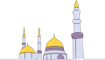 One continuous line drawing of historical landmark dome mosque or Masjid An Nabawi. Ancient building works as a place of worship for muslim person concept single line draw design illustration png