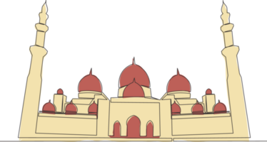 One continuous line drawing of Islamic historical landmark masjid or mosque. The ancient building that works as a place of worship for muslim person concept single line draw design illustration png