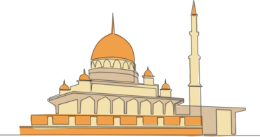 One continuous line drawing of Islamic historical landmark masjid or mosque. The ancient building that works as a place of worship for muslim person concept single line draw design illustration png