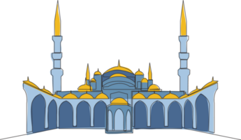 een doorlopend lijn tekening van Islamitisch historisch mijlpaal masjid of moskee. de oude gebouw dat werken net zo een plaats van aanbidden voor moslim persoon concept single lijn trek ontwerp illustratie png