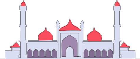 Single continuous line drawing of Islamic historical landmark masjid or mosque. Historical construction that use as a place of pray for Islamic person concept one line draw design illustration png