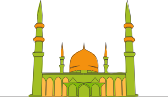 einer kontinuierlich Linie Zeichnung von islamisch historisch Wahrzeichen Masjid oder Moschee. das uralt Gebäude Das funktioniert wie ein Platz von Anbetung zum Muslim Person Konzept Single Linie zeichnen Design Illustration png