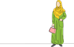 One continuous line drawing of young pretty muslimah on traditional arab cloth carrying pocker bag. Beauty Asian woman model in trendy hijab fashion concept single line draw design illustration png