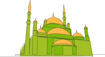 ett enda linje teckning av islamic historisk kupol landmärke masjid eller moskén. helig plats till bön för islam människor begrepp kontinuerlig linje dra design illustration png