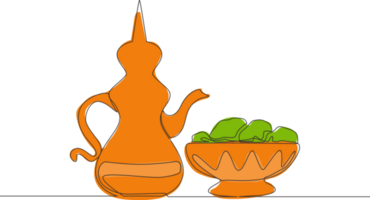 One single line drawing of teapot usually containing Zam zam water and dates fruit on a plate. Food and drink to eat after fasting concept continuous line draw design vector illustration png