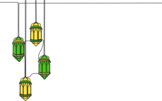 ramadan kareem hälsning kort, baner, och affisch design. ett enda linje teckning av islamic lykta lampor prydnad hängande på tråd med vit bakgrund. kontinuerlig linje dra illustration png