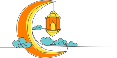 Ramadan Kareem greeting card, poster and banner design background. One continuous line drawing of Islamic ornament lantern lamp hanging on moon at cloudy sky. Single line draw illustration png