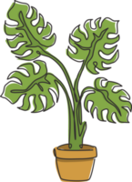 un Célibataire ligne dessin mignonne mis en pot tropical feuilles monstera plante. imprimable décoratif plante d'appartement concept pour Accueil mur décor ornement. moderne continu ligne dessiner graphique conception illustration png