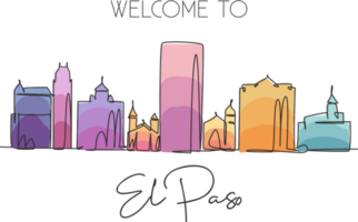 One single line drawing of El Paso city skyline, Texas. Historical town landscape. Best holiday destination home wall art decor poster print. Trendy continuous line draw design illustration png