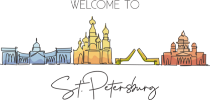 One continuous line drawing of St. Petersburg city skyline, Russia. Beautiful landmark. World landscape tourism and travel vacation. Editable stylish stroke single line draw design illustration png