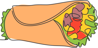 uno soltero línea dibujo de Fresco caliente picante en línea mexicano burritos tienda logo ilustración. mexico calle rápido comida menú y restaurante Insignia concepto. moderno continuo línea dibujar diseño logotipo png