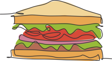 singolo continuo linea disegno di stilizzato Sandwich logo etichetta. emblema veloce cibo caldo cane ristorante concetto. moderno uno linea disegnare design illustrazione per bar, negozio o cibo consegna servizio png