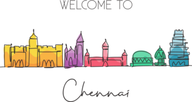 Single continuous line drawing of Chennai city skyline, India. Famous city scraper and landscape home decor wall art poster print. World travel concept. Modern one line draw design illustration png