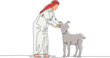 un continu ligne dessin de Jeune content musulman en portant une chèvre. musulman vacances le sacrifice une mouton ou chèvre à Dieu, eid Al adha salutation carte concept Célibataire ligne dessiner conception illustration png