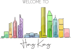 een single lijn tekening van hong Kong stad horizon, China. historisch stad- landschap huis muur decor kunst poster afdrukken. het beste vakantie bestemming. modieus doorlopend lijn trek ontwerp illustratie png