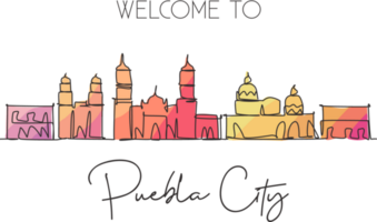 One single line drawing of Puebla city skyline, Mexico. World historical town landscape. Best place holiday destination postcard. Editable stroke trendy continuous line draw design illustration png