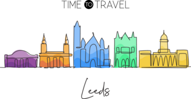 uno singolo linea disegno leeds città orizzonte. storico città grattacielo paesaggio nel mondo. migliore destinazione vacanza vacanza casa parete arredamento concetto. continuo linea disegnare design illustrazione png