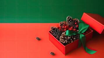 Gift box with ribbon and pinecone. Illustration photo