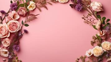 Pink floral frame background. Illustration AI Generative photo