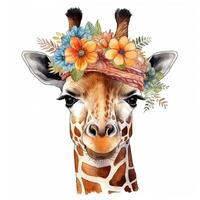 Cute giraffe in hat with flower. Watercolor. Illustration photo