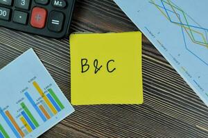 B and C write on sticky notes isolated on Wooden Table. photo