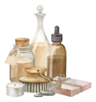 Spa cosmetic with vintage Bottles, soap and brush for aromatherapy. Hand drawn watercolor illustration of bodycare products for massage on isolated transparent background. Drawing of care toiletries png