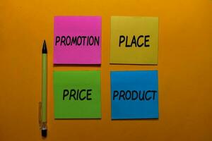 Promotion, Place, Price, Product write on sticky notes isolated on Office Desk photo