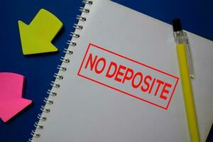 NO Deposite write on a book isolated on blue background. photo